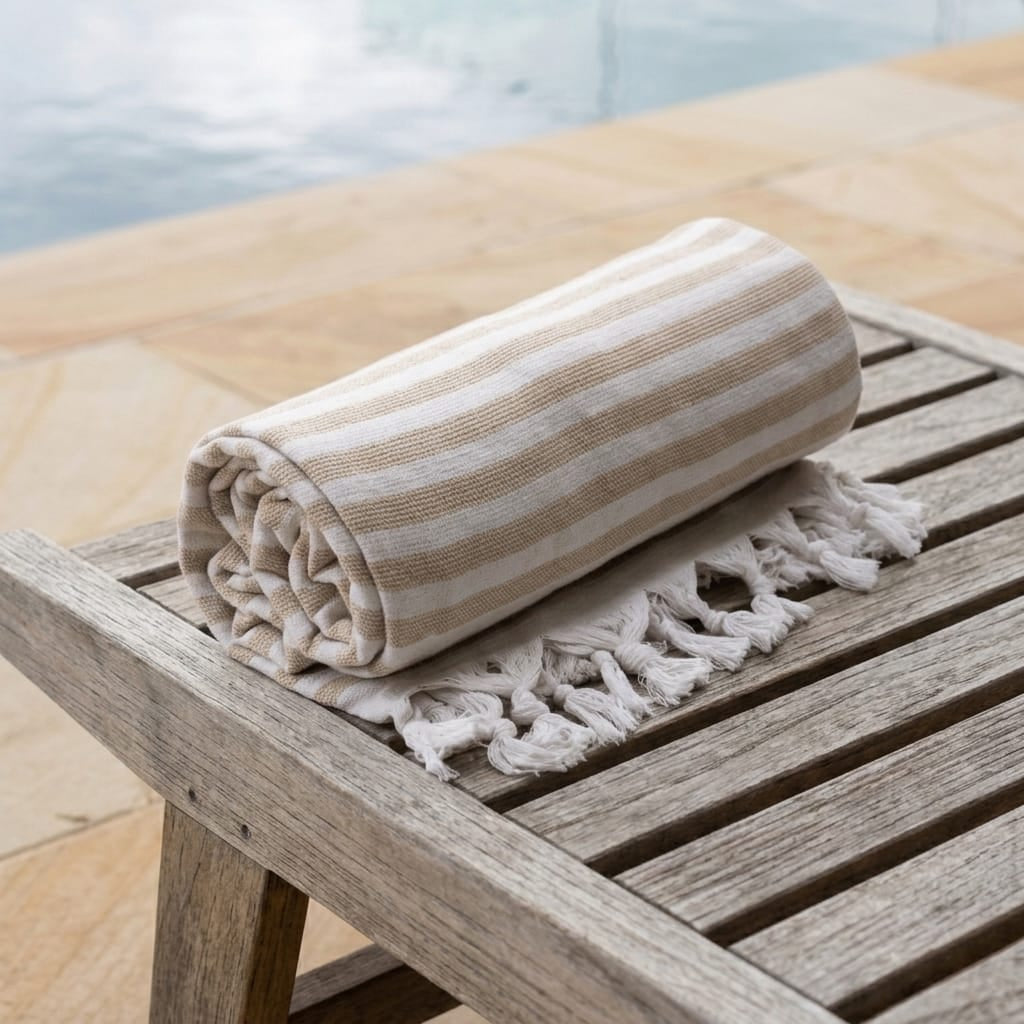 TURKISH Deluxe Large Beach Towel - Striped Beige