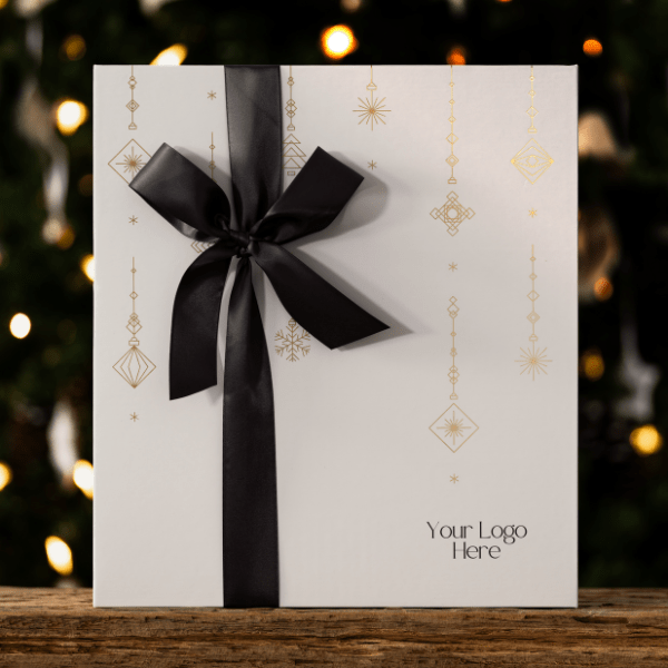 christmas advent gift box with gold foil details and black ribbon