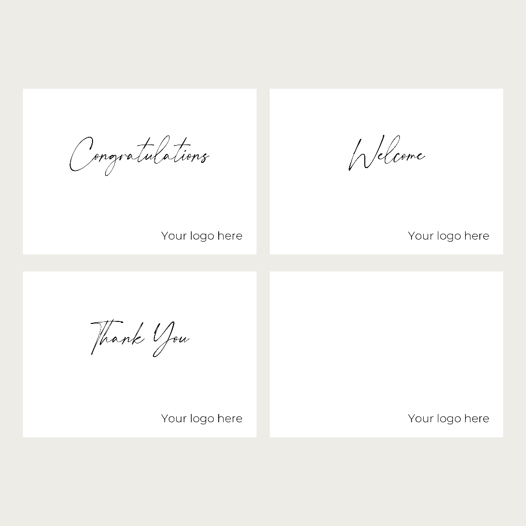 Branded gift cards: Congratulations, Welcome, Thank You and blank.