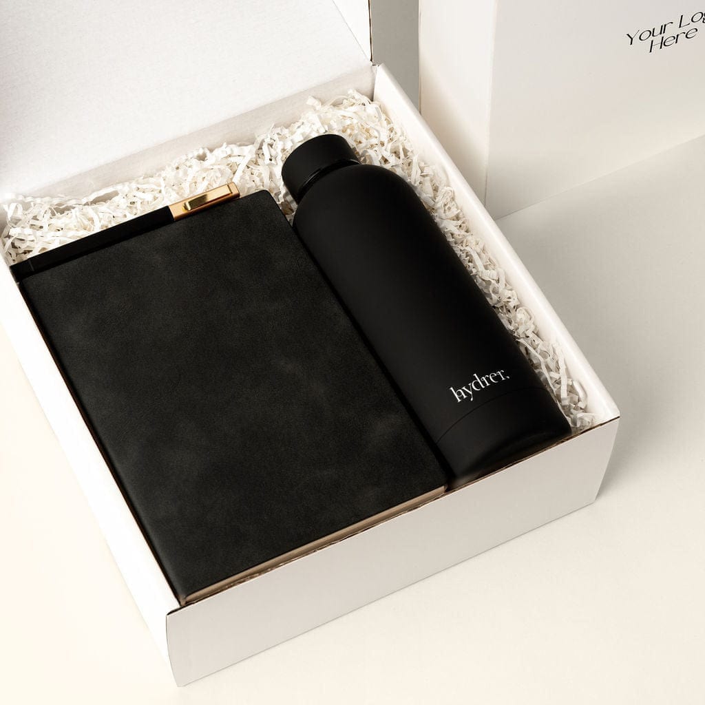 Black soft touch A5 notebook, black soft touch insulated water bottle and ballpoint pen gift box. 