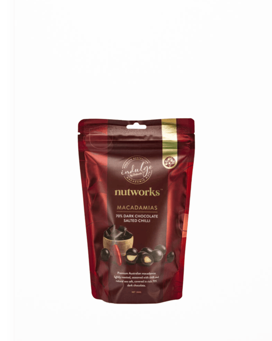 NUTWORKS Macadamias - 70% Dark Chocolate & Salted Chilli 75g