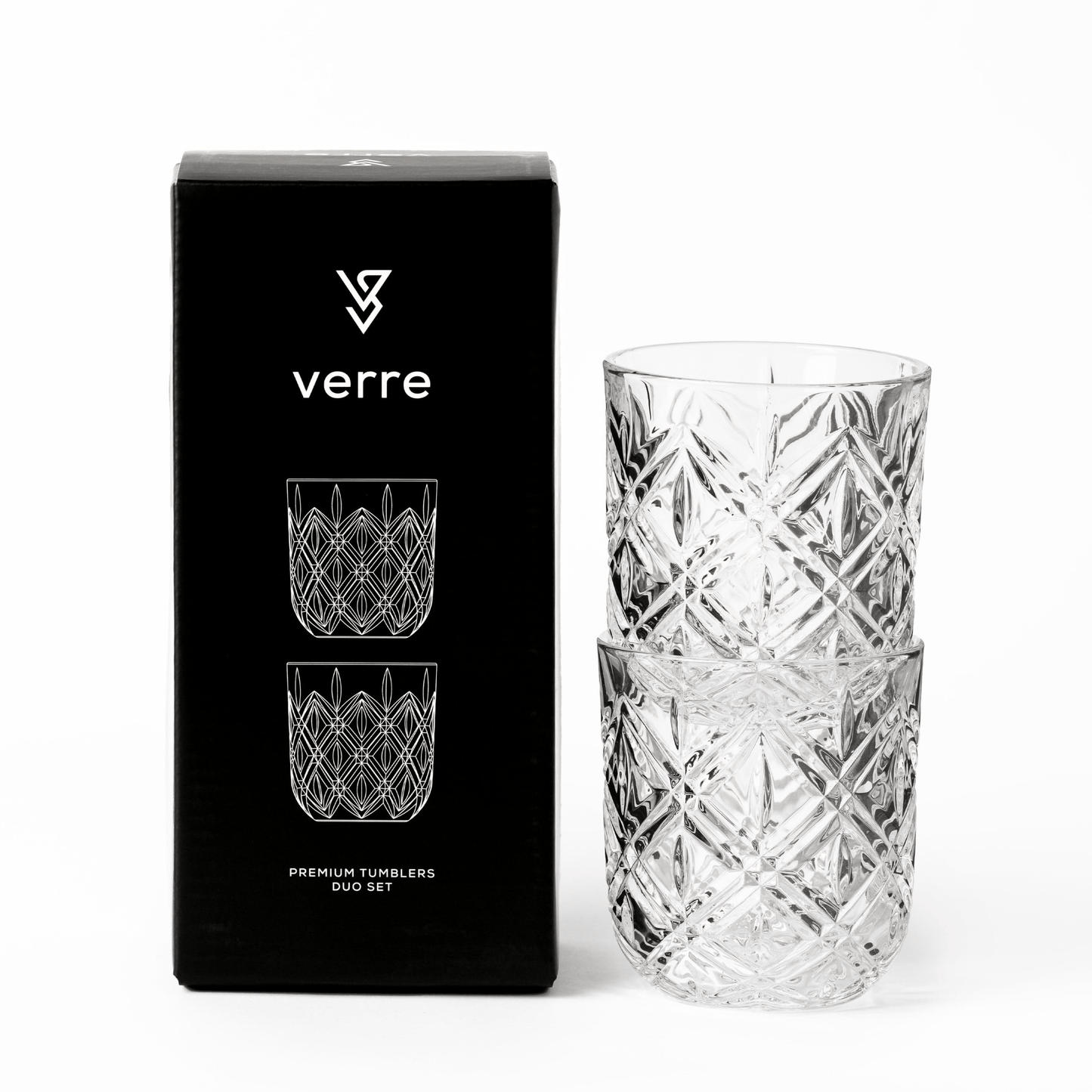 VERRE European Etched Glass, Tumbler Set - 2pc Black Gift Box