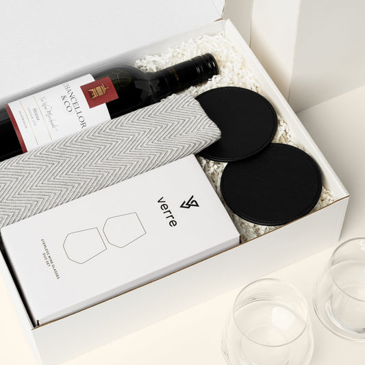 Luxury Settlement Gift by Ellar Boutique with lasting items such a shiraz, stemless wine glasses, coasters an hand towel