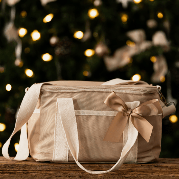 taupe cooler bag with gold ribbon against lights background