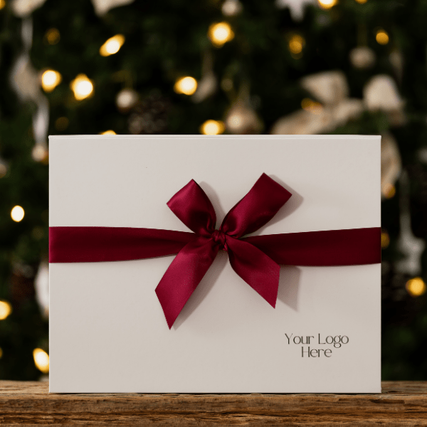 white gift box with red ribbon and logo branding 
