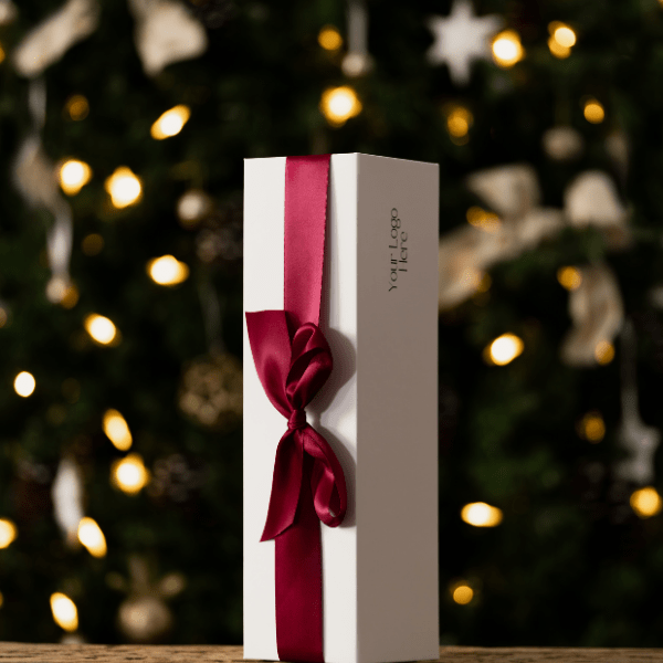 wine box with red ribbon 