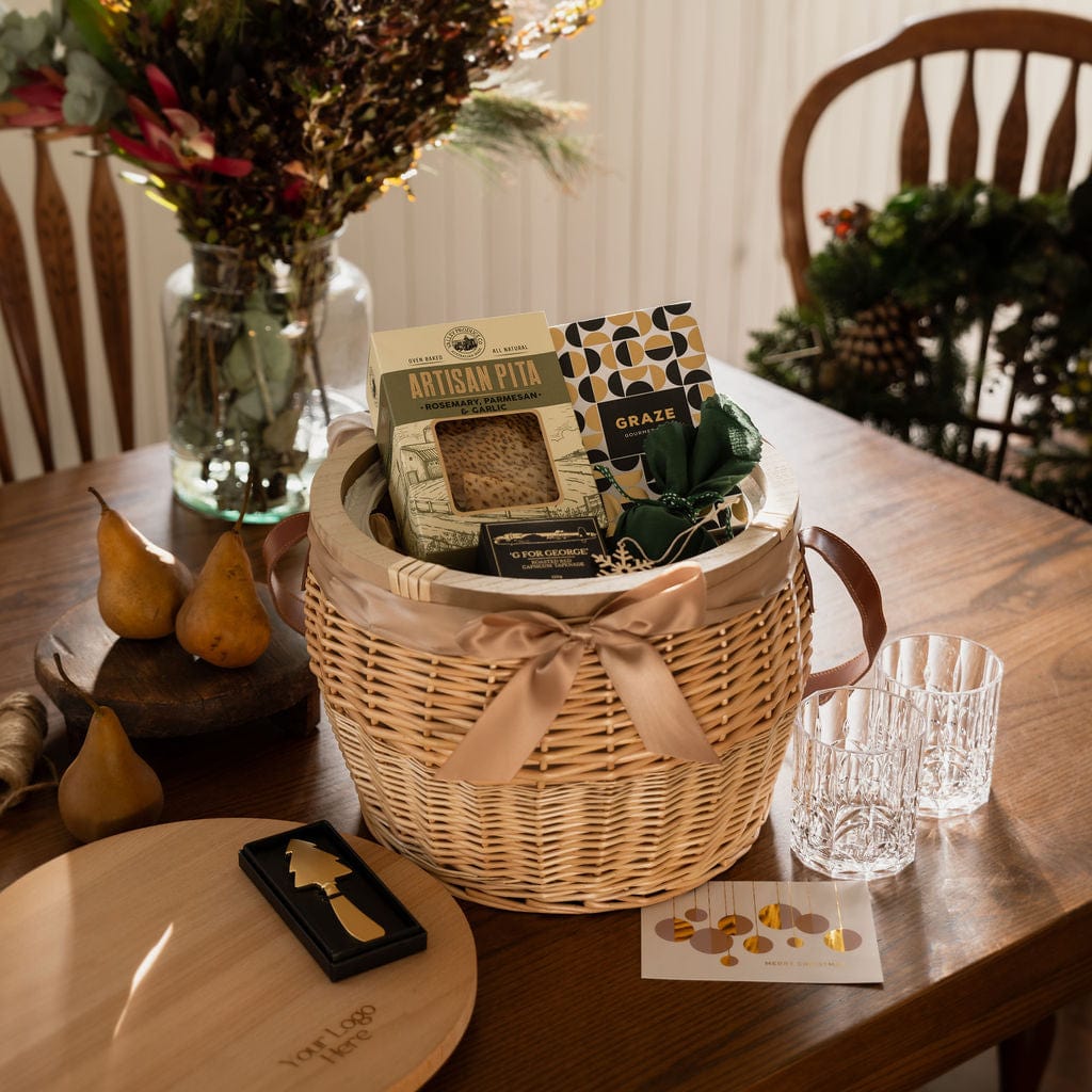 wicker basket gift open on table and contents showing