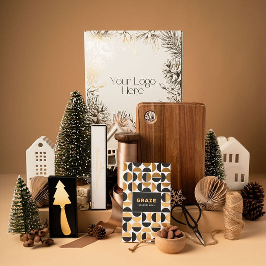 gold themed christmas gift contents with chopping board