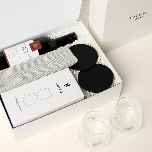 Luxury Settlement Gift by Ellar Boutique with lasting items such a shiraz, stemless wine glasses, coasters an hand towel